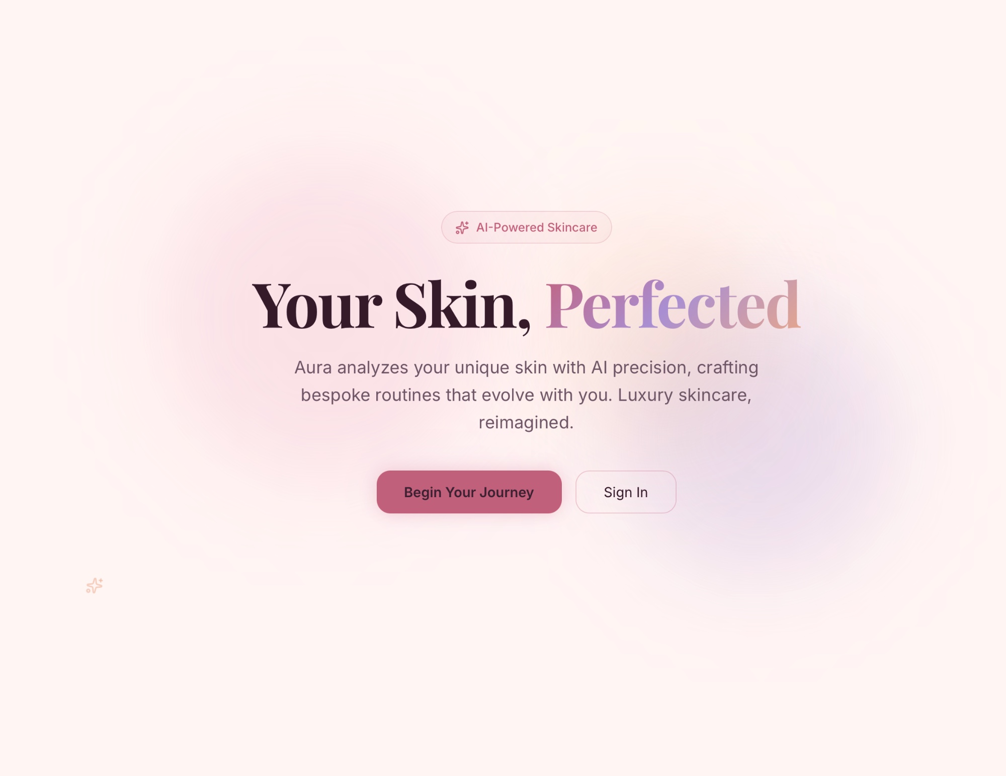 Aura landing page: &ldquo;Your Skin, Perfected&rdquo; — AI-powered skincare with begin and sign-in actions